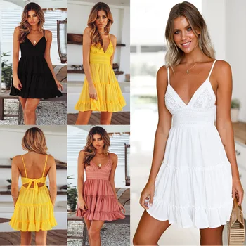 

Women Lace V Neck Print Playsuit Beach Dress Stiching Strap Backless Cross A Line Party Dresses Summer Women Clothes Vestido