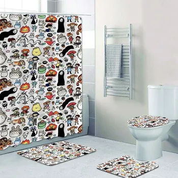 

Studio Ghibli Characters Totoro Shower Curtain and Bath Rugs Carpets Set 4PCS Totoro Bath Curtains for Kid Bathroom Accessories