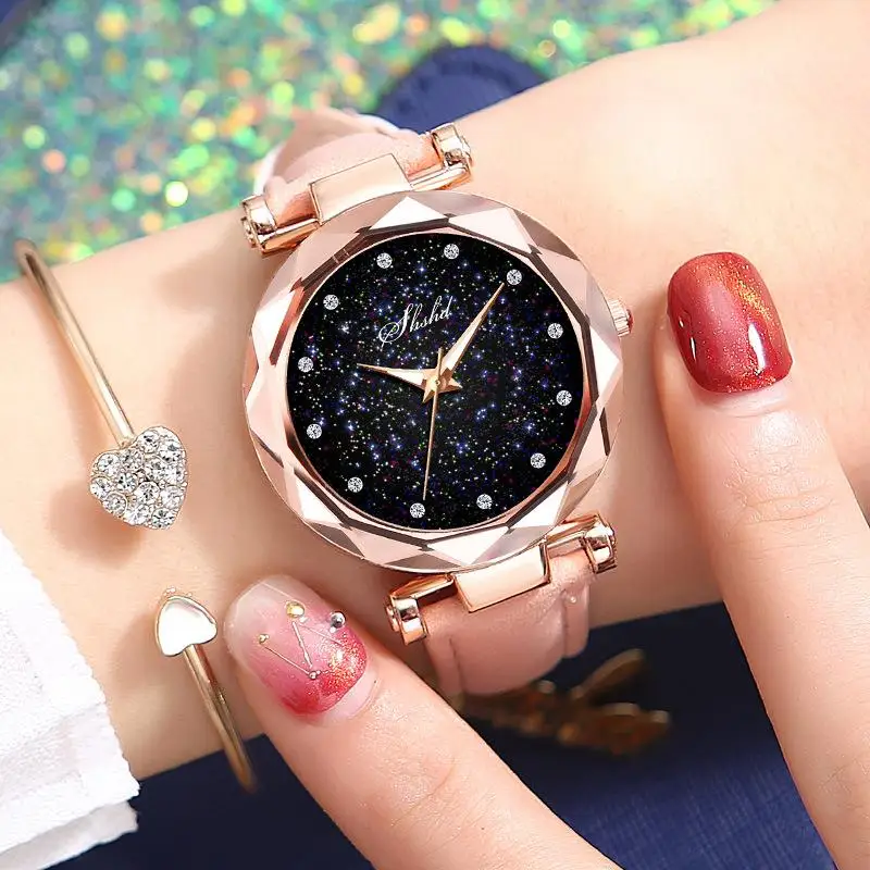 Роскошные женские часы Звездное небо женские часы кварцевые наручные часы Модные женские наручные часы reloj mujer relogio feminino женские - Цвет: Розовый