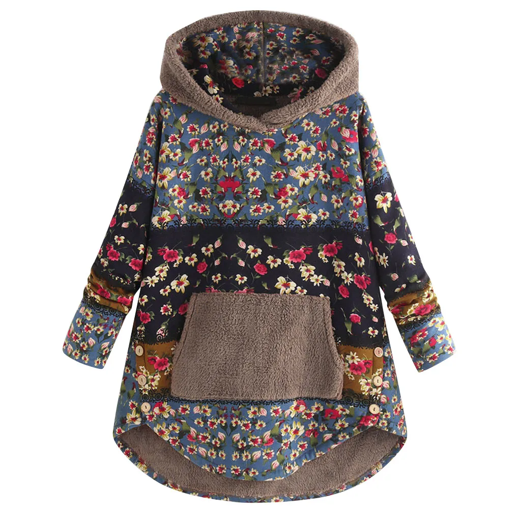 Черный Женские толстовки с капюшоном больших размеров d, зимний ворсистый флис, теплый лоскутный цветочный длинный в этническом стиле, карманы с рукавами, большие размеры 5XL, новинка - Цвет: Черный