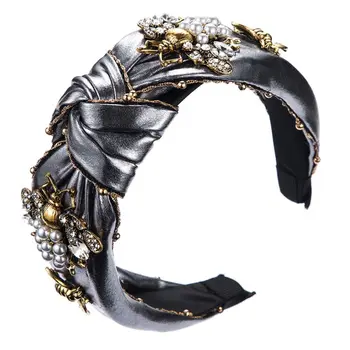 

Vintage Alloy Faux Pearl Diamond Bee Headband Artificial Leather Knotted Hair Hoop Band Women Girls Ball Party Festival Headwear