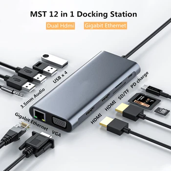 

USB Type C Hub to HDMI MST 4K VGA 12 in 1 Adapter USB C HUB 3.0 Docking Station RJ45 Lan Ethernet SD TF for Macbook thunderbolt