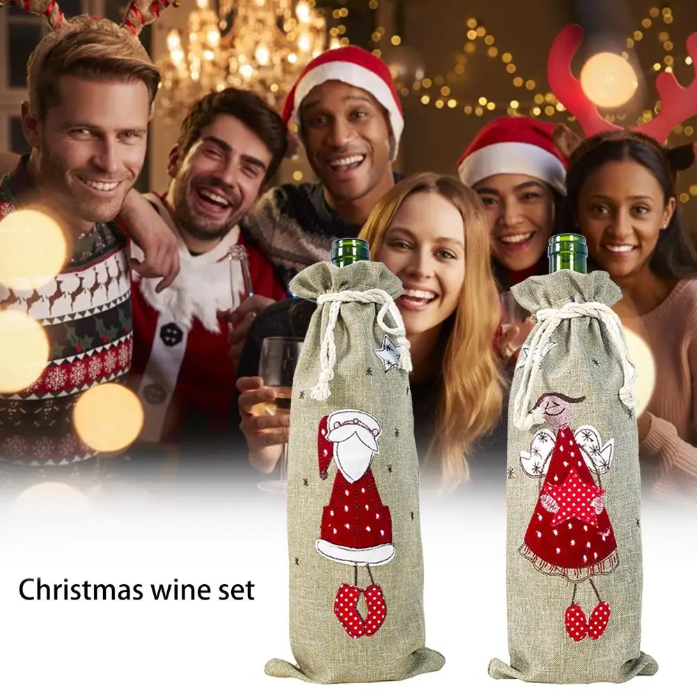 Рождественские украшения для дома, вышивка из мешковины, ангел, старый человек, крышка для бутылки вина, набор, Рождественский Подарочный мешок, новогодний мешок Санта-Клауса