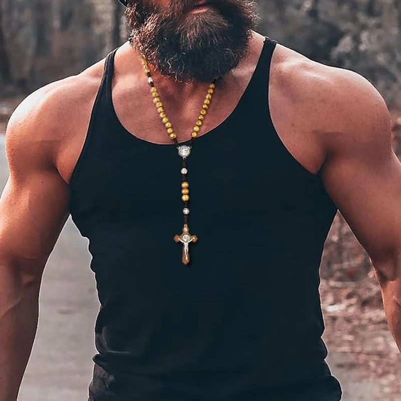 Men Rosary Necklace, Men Steel Cross 