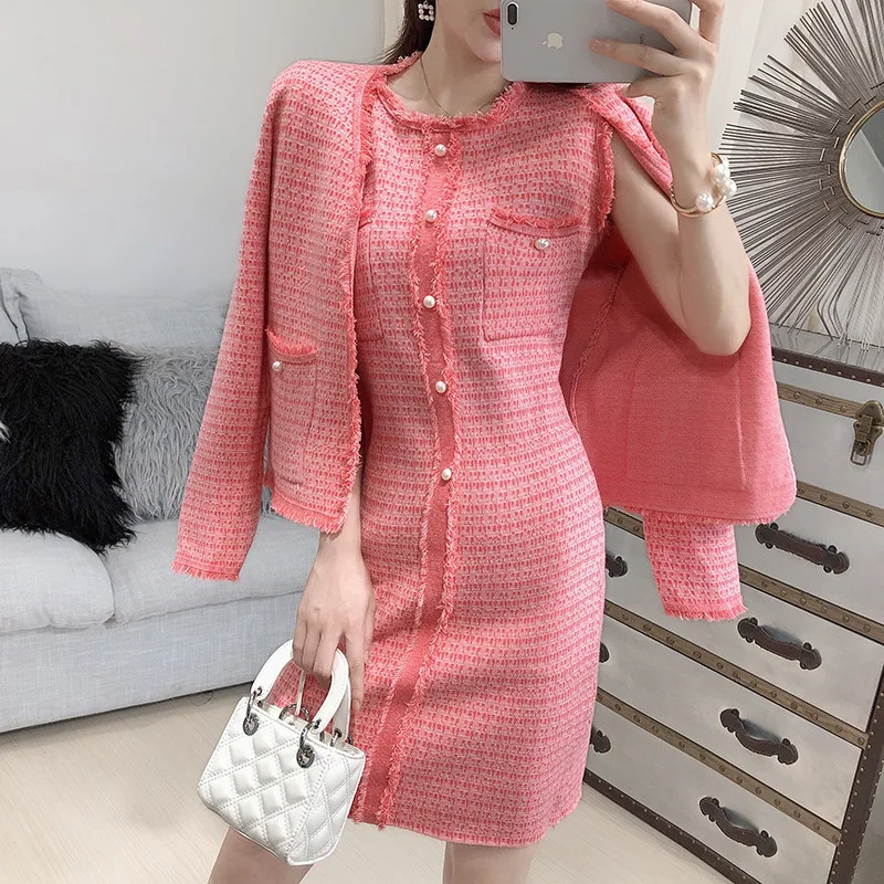 

Autumn Women Sets Runway Knit Jacket and Vest Dress Sets Sweet Pink Outfits Korean Two Piece Sets Elegant 2 Pcs Matching Sets