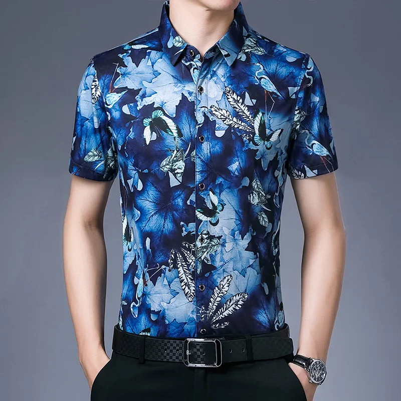 

Creative red-crowned crane butterfly printing short sleeve shirt Summer New quality mercerized cotton luxury icy men shirt M-3XL