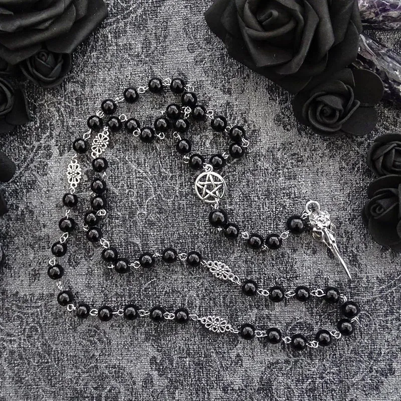 Black Beaded Crescent Necklace Black Rosary with Pentagram and Moon Pendant in Antique Silver, Gothic Necklace,
