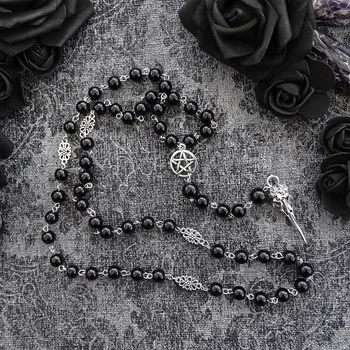 Black Beaded Crescent Necklace Black Rosary with Pentagram and Moon Pendant in Antique Silver, Gothic Necklace,