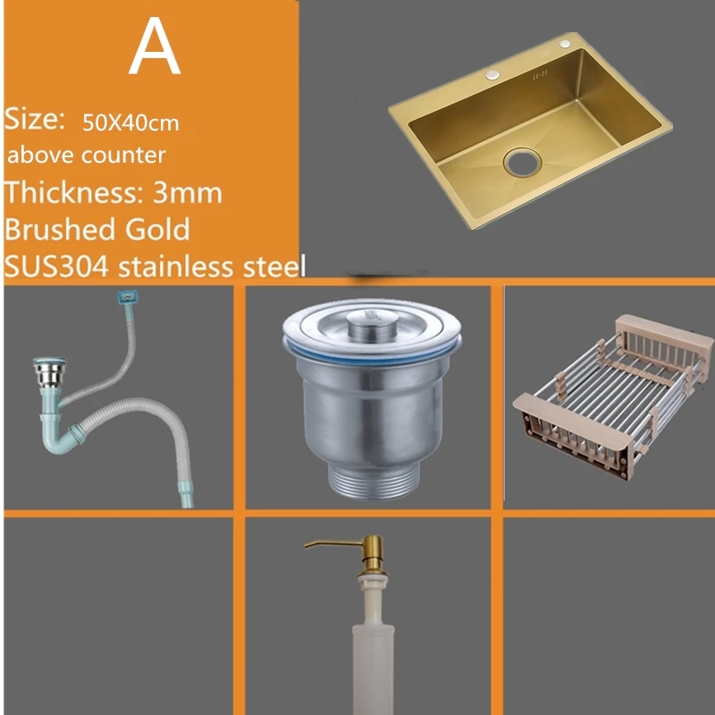 Золотая матовая кухонная раковина 50x40 см из нержавеющей стали, одна чаша, раковина над счетчиком, раковина, отправляется из Великобритании - Цвет: A