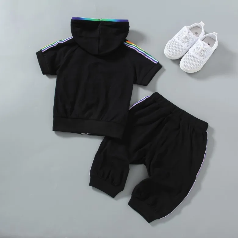 

Childrenswear BOY'S Sportswear Summer Short Sleeve Thin 5-Year-Old 6 Baby Zipper Hoodle Two-Piece Set White Black