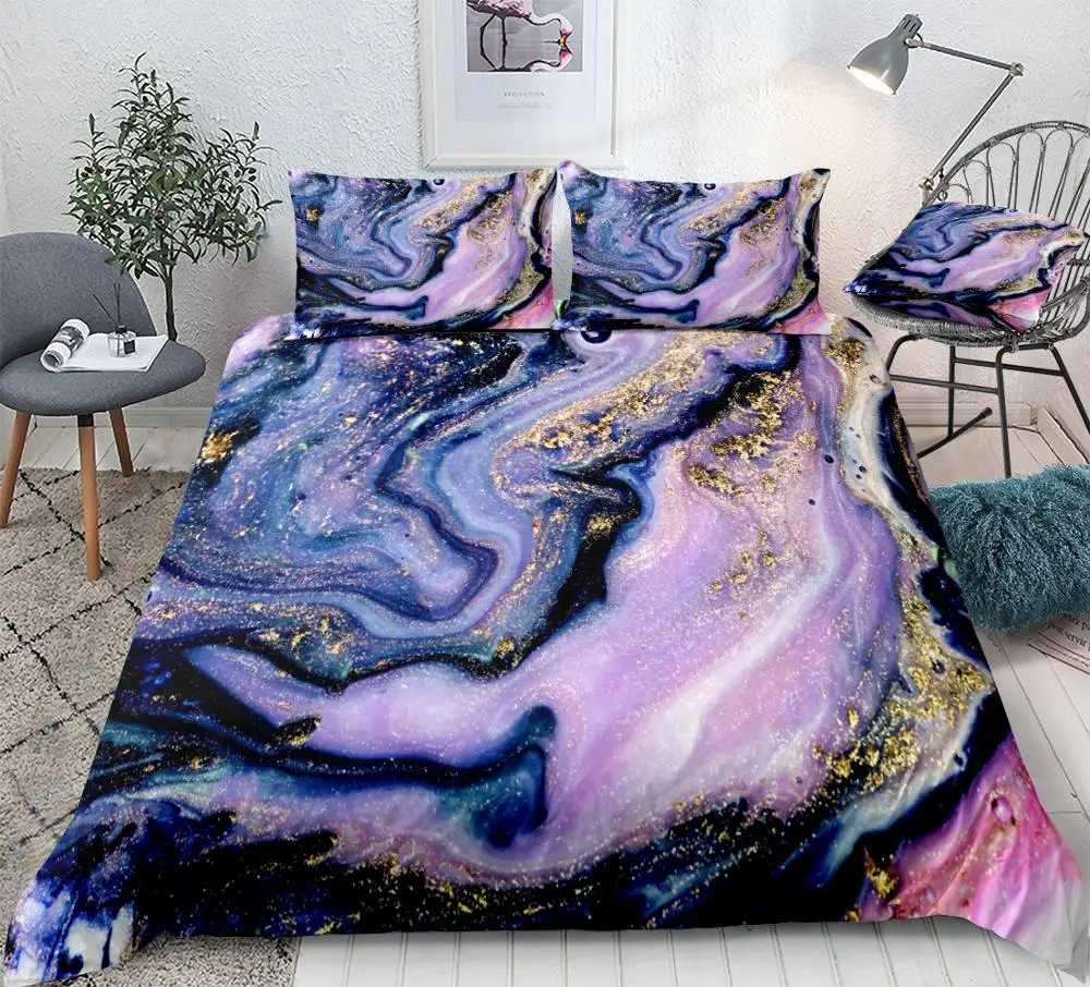 Marble Duvet Cover Set Purple Gold Luxury Marble Bedding Colorful