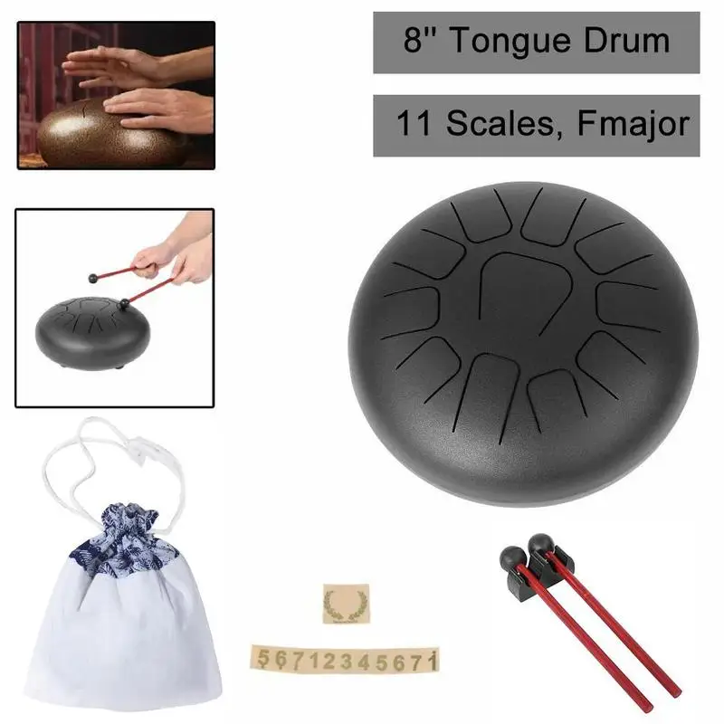 8 Inch 11 Tone Tongue Drum Steel Tongue Drum Mini Hand Pan Drums with Drumsticks Percussion Musical Instruments