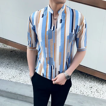 

2019 Summer Casual Half Sleeve Shirts V Neck Tops Fashion stripe Print Male Social Stand Collar Tuxedo Club Prom Shirt camisa