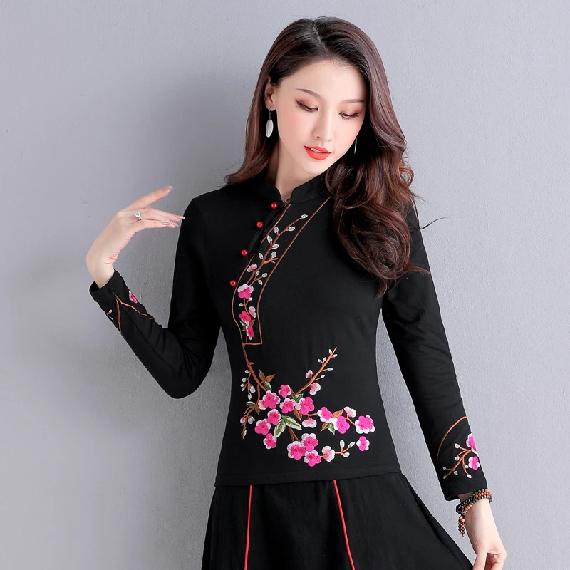 Черный KYQIAO онлайн Китайский магазин blusa feminina женский этнический стоячий воротник с длинным рукавом черный красный синий Вышивка блузка рубашка - Цвет: Черный