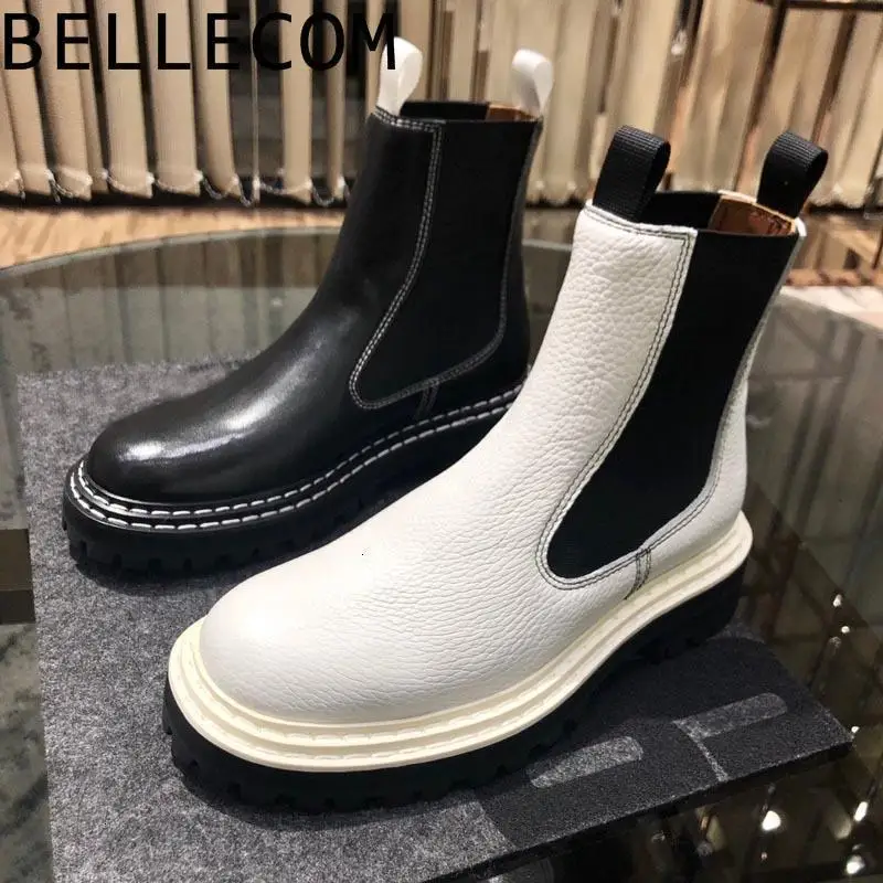 

BELLECOM Martin Boots Woman Genuine Leather England The Wind Thick Bottom 2019 Elastic Force Short Boots Tide White High Help
