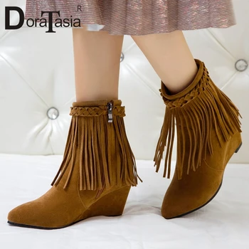 

DORATASIA Plus Size 32-48 New Ladies Wedges High Heels Ankle Boots Fashion Pointed Toe Fringe Boots Women Party Shoes Woman