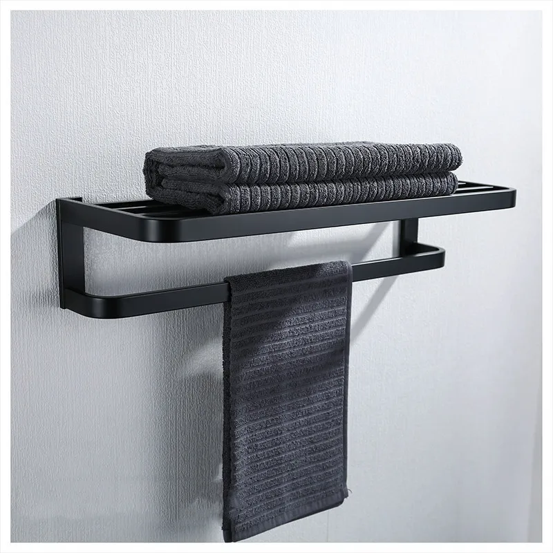 

Black Bathroom Accessory 304 Stainless Steel 50cm Dual Towel Rack/Ring/Bar Glass Corner Shelf Luxury Bath Hardware Set New