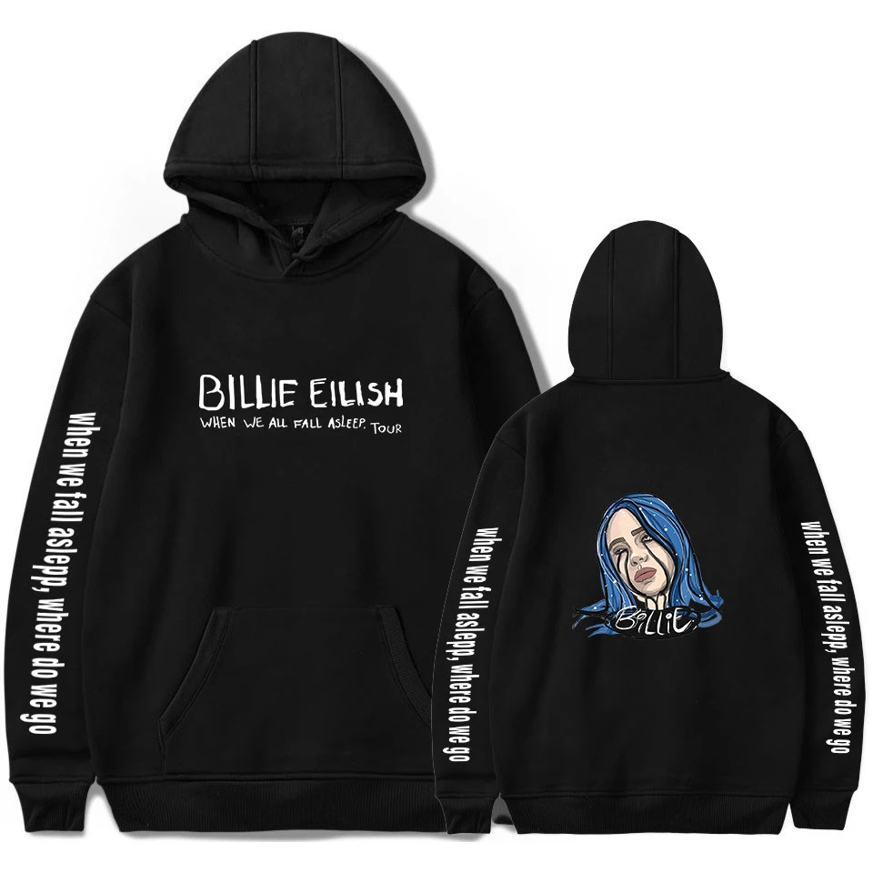 Популярные худи с принтом Billie Eilish, женские и мужские свитшоты Harajuku, Осенние повседневные черные пуловеры с капюшоном Billie Eilish Pop для девочек