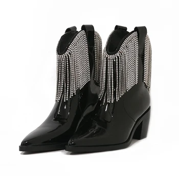 

lucyever women fashion rhinestone tassel pointed toe ankle boots thick high heels shoes woman black patent leather booties mujer