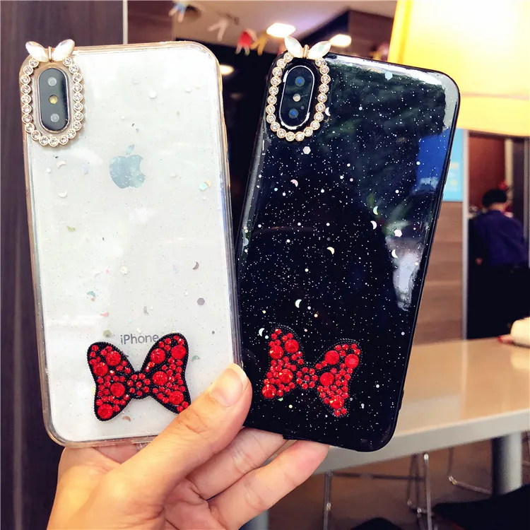 

case for iPhone 11 XR 7 8 11 Pro Max X XS Max Plus 6 6s cover Bowknot Transparent Soft Case Rhinestone glitter