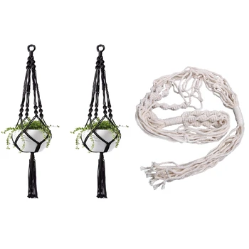 

2 Pieces Plant-Linked Hanging Flowerpot Basket Cotton Rope & 3 Pack Wall Hanging Planter Baskets Holder with Hooks