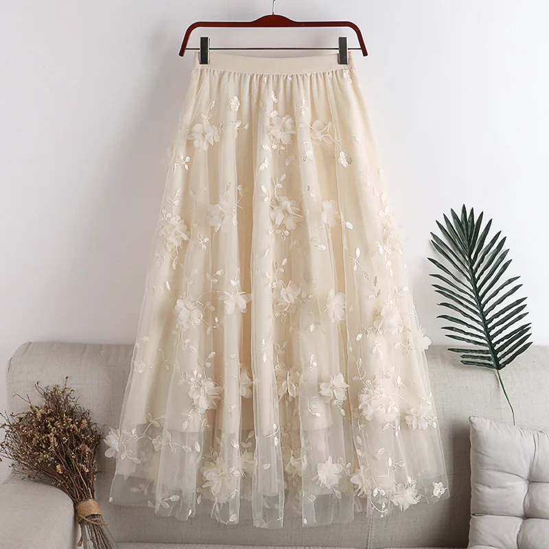 

2023 New High-waisted Slim Double-layer Mesh Large Swing Embroidered Flower Skirts Women's Clothing Spring Autumn Skirts D1438