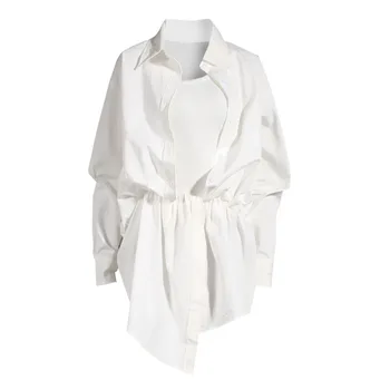 

WOMENGAGA 2020 Summer New Solid Fake Two-piece Shirt Irregular Suspenders Patchwork Long-sleeve Girl Female Casual B269