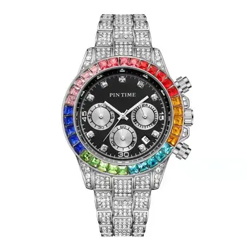 

Wholesale Men Luxury Watch Designer Rainbow Diamond Full Iced Out Silver Watches All Dial Work Chronograph Wristwatch Clock