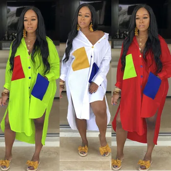 

ZKYZWX Neon Green Casual Shirt Dress Women Plus Size Clothes Long Sleeve Loose Oversized Dresses Pocket Splice Slit Fall Dress