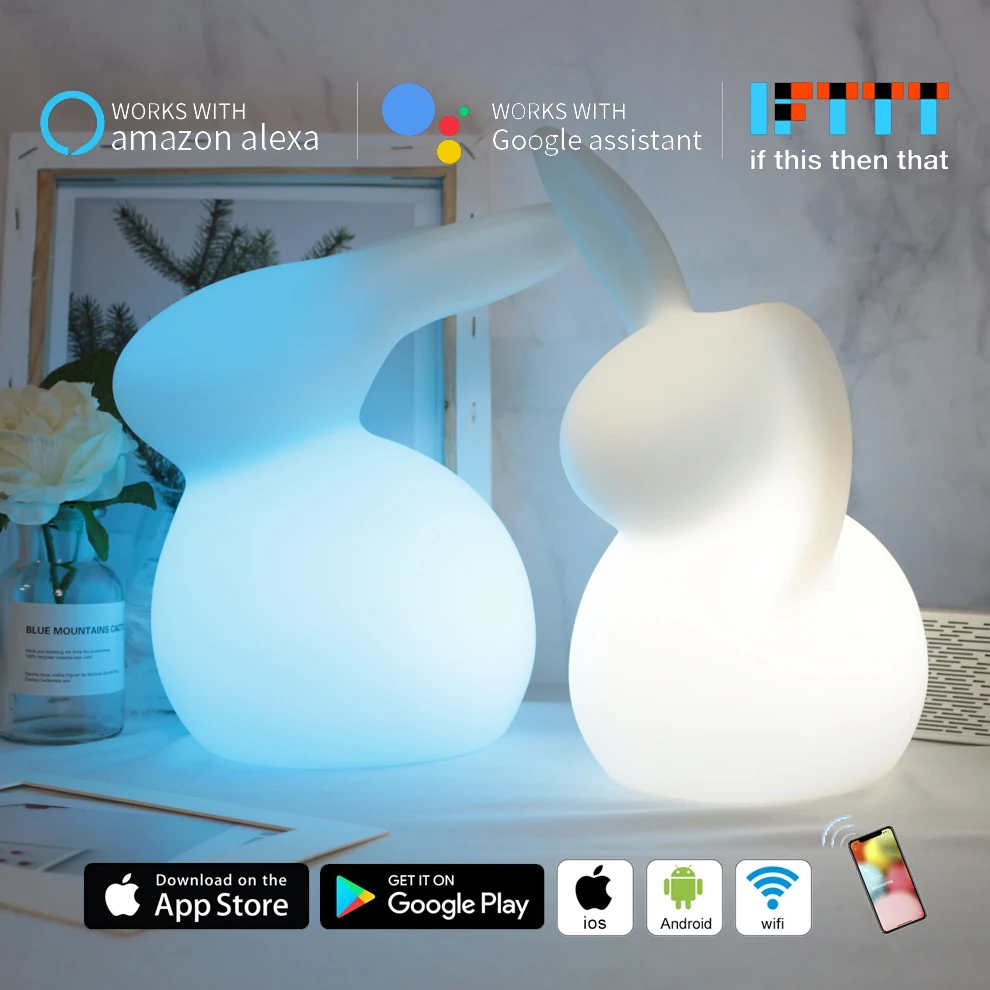 

Wifi Smart Rabbit Night Light MP APP Control 10-Color LED Table Lamp Alexa Google Home Voice Control Bedroom Light Kids Gift