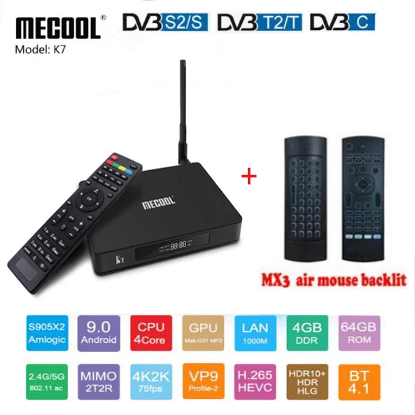 MECOOL K7 DVB-S2 DVB-T2 DVB-C Android 9,0 ТВ коробка, 4 ГБ, 64 ГБ, Amlogic S905X2 2,4G/5G Wi-Fi USB 3,0 Smart ТВ ящик медиа плеер - Color: 4G 64G MX3 backlit