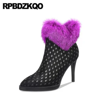 

furry black real fur ankle fluffy sheepskin stiletto high heel shoes pointed toe handmade embellished women boots winter 2019