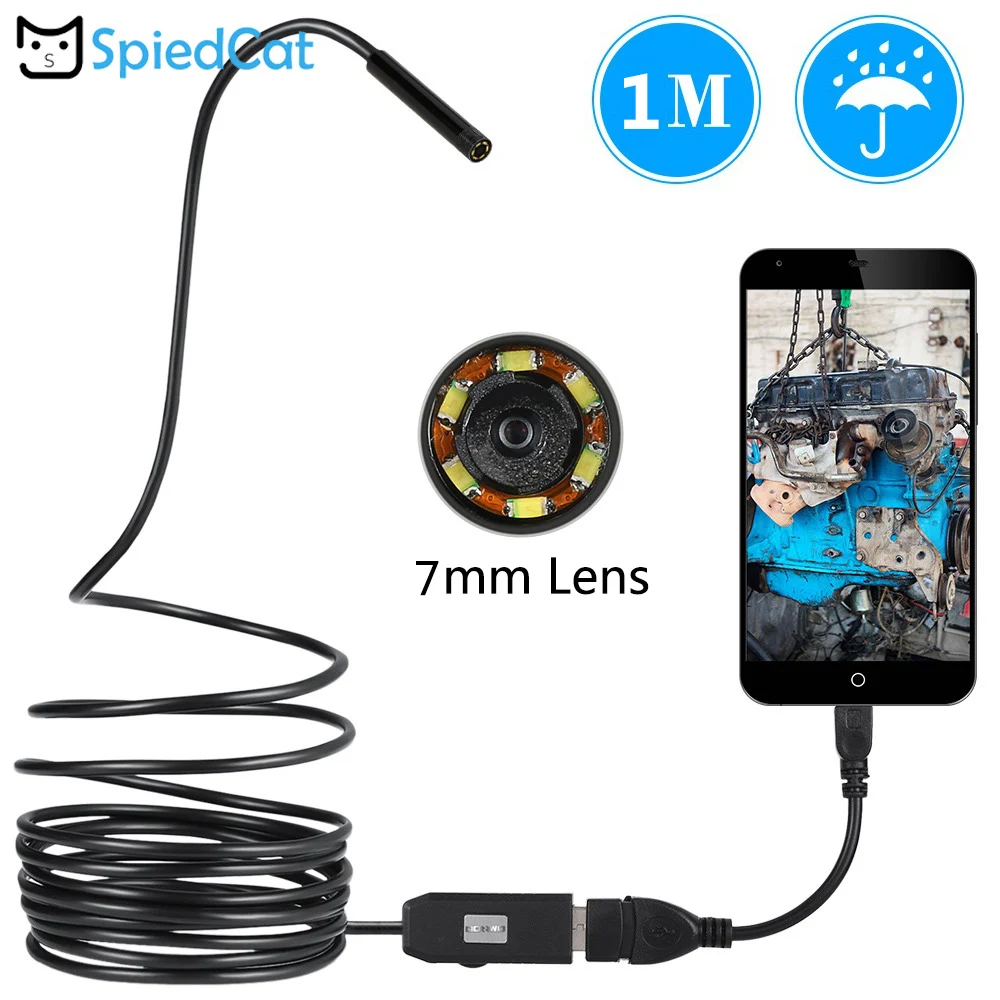 SPIED CAT Mini 7mm Lens 6LED  1M soft Cable Android USB Endoscope Snake Car Repair Pipe Inspection Borescope MicroUSB Camera