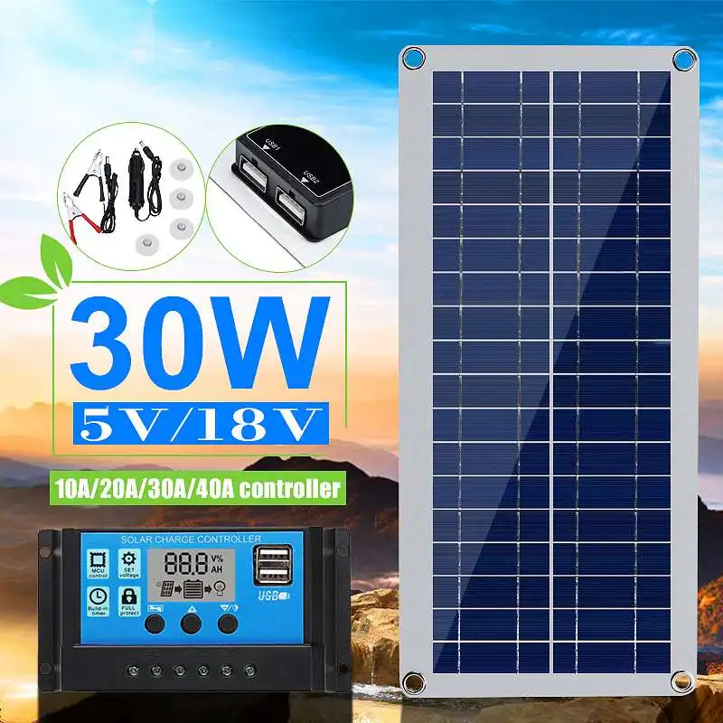 

Hot 30W Solar Panel Dual USB 5V/18V with Car Charger + 10/20/30/40A USB Solar Charger Controller for Outdoor Camping LED Light