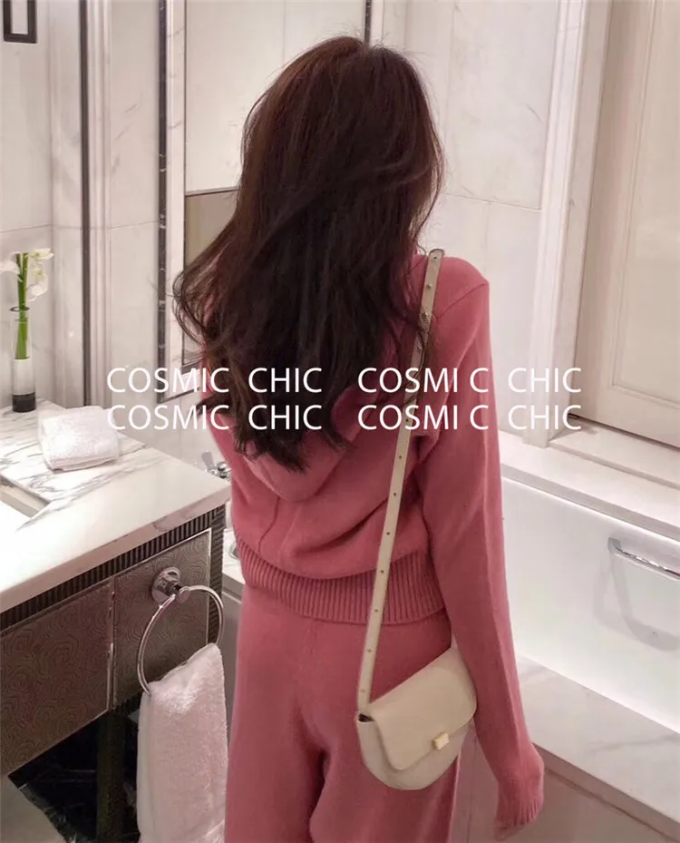 Cosmicchic, женский зимний вязаный костюм, модный, v-образный вырез, Повседневный, с капюшоном, шерсть, спортивный костюм, однотонный, толстовка с длинным рукавом, женский брючный костюм