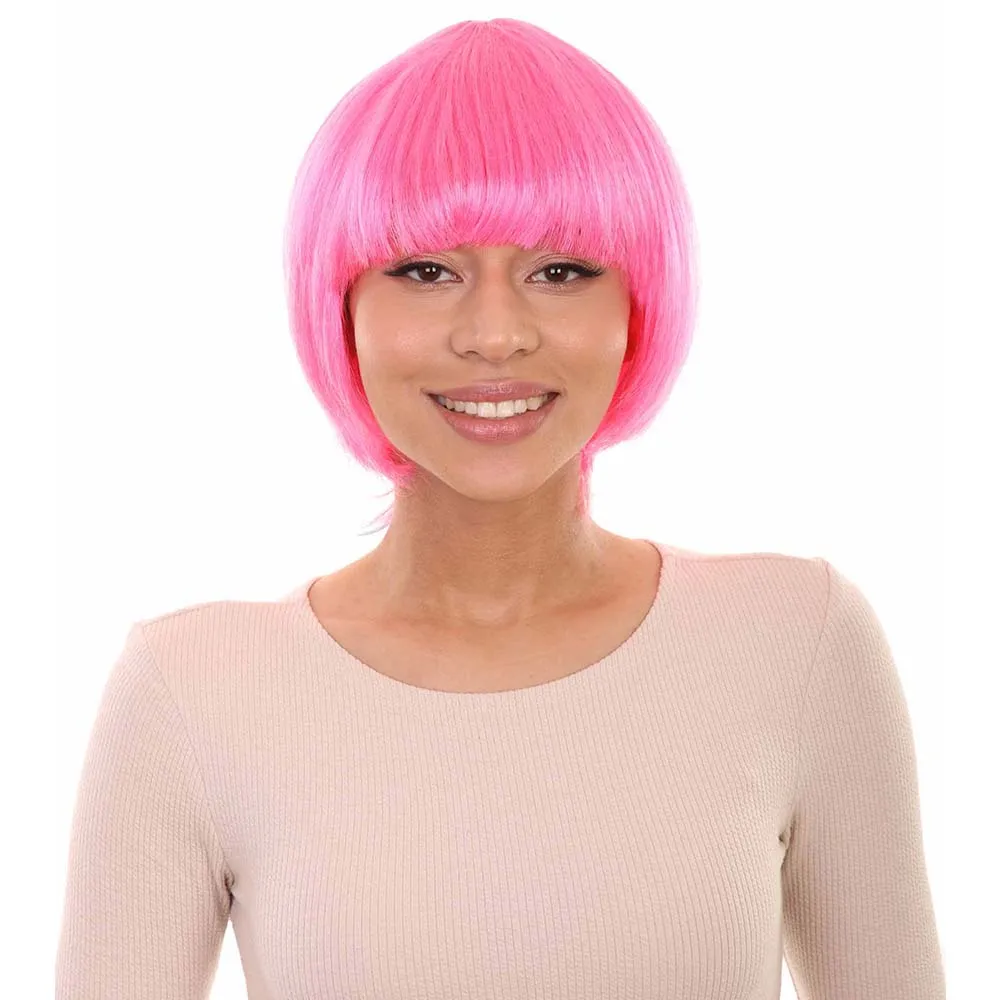 

HPO Synthetic Fashion Short Neon Pink Cosplay Bob Wigs with Bangs Fancy Dress Up Costume Masquerade Anime Halloween Party Wigs