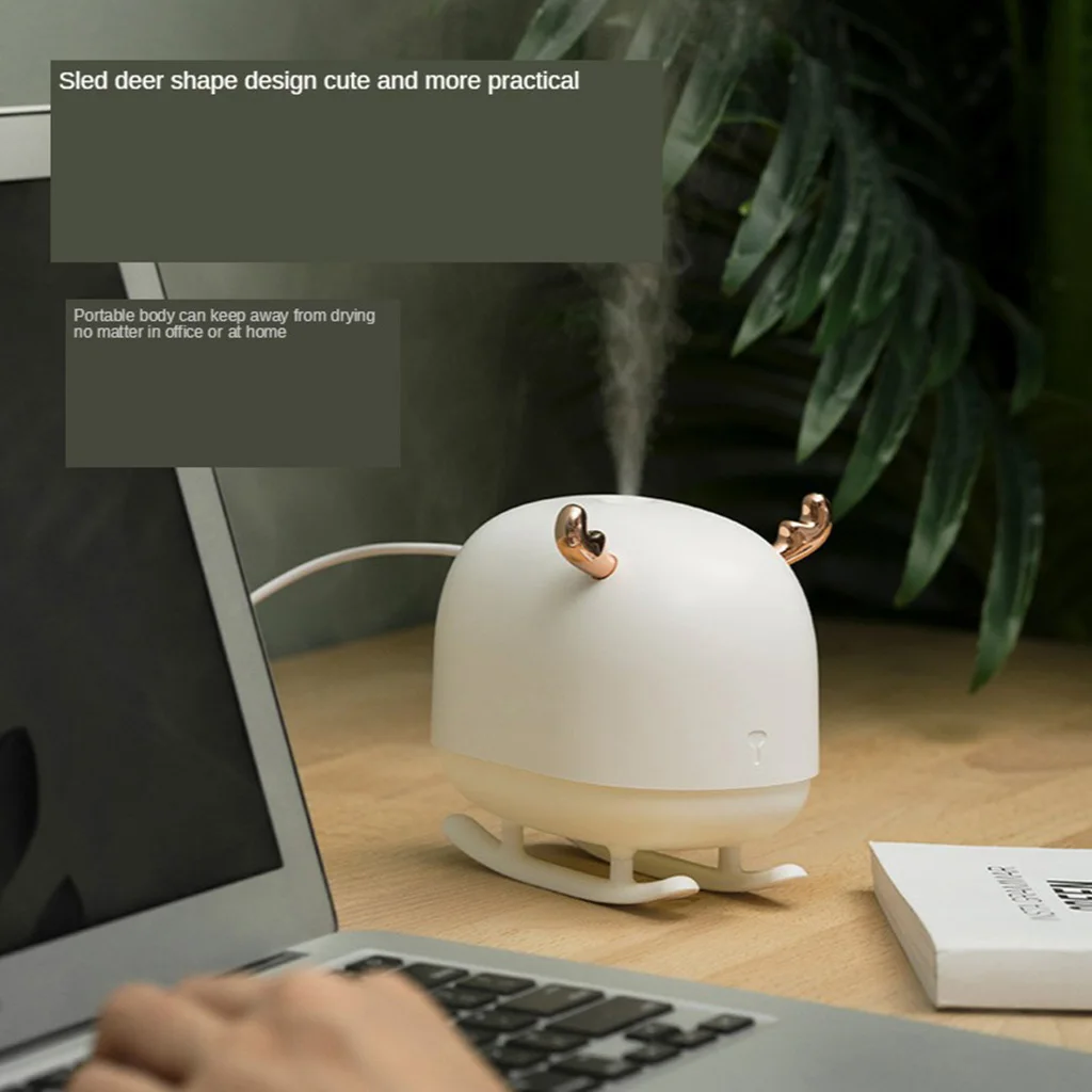USB Cool Mist Deer Humidifier Water Sprayer for Desktop Office with LED Night Light Lamp