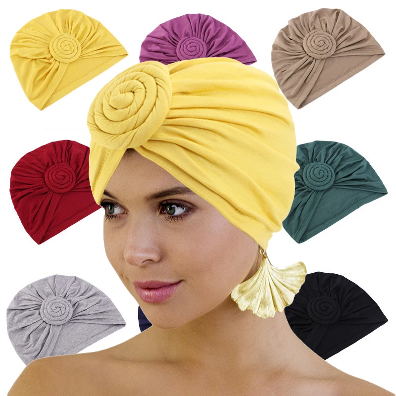 

2020 New Elastic Cotton Turban Hat Solid Color Women Warm Winter Headscarf Bonnet Inner Hijabs Cap Flower Femme Wrap Head