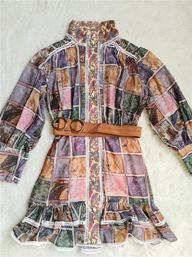 COLOREE дизайнерское платье для подиума летняя винтажная Лоскутная с клетчатым принтом Плиссированное мини-платье с поясом и стоячим рукавом-фонариком шикарное платье