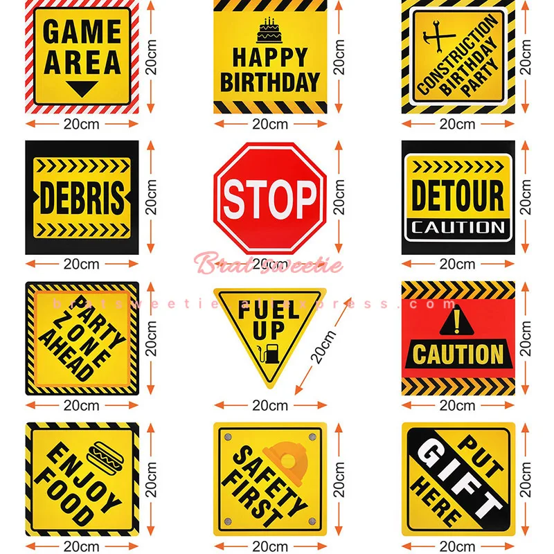 12pcs Set Construction Party Paper Traffic Signs Boys Themed
