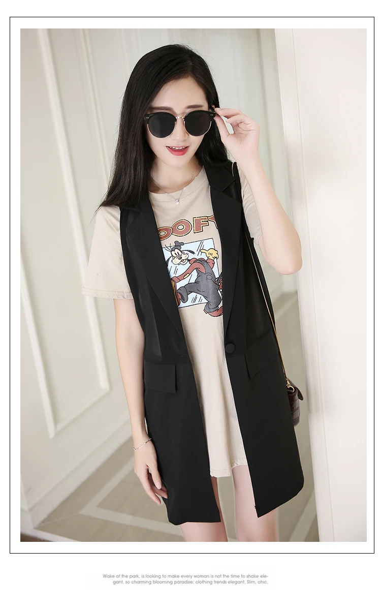 0717 Летний шифоновый Длинный жилет Женский Повседневный просвечивающий без рукавов Блейзер жилет Повседневный тонкий кардиган черный на одной пуговице