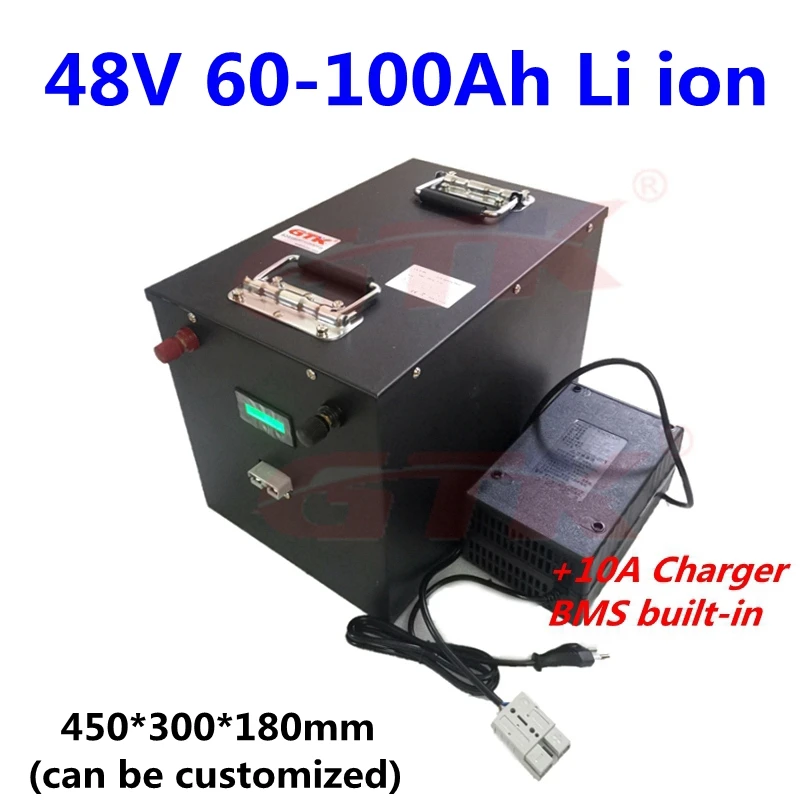

Steel case 48V 100ah 80Ah 60Ah Lithium ion battery pack with BMS for boat motohome Solar system RV+10A Charger
