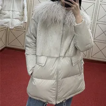 Модная большая монгольская овечья шерсть воротник женское утепленное пуховое пальто пэчворк настоящий норковый мех Глянцевая пуховая куртка с капюшоном