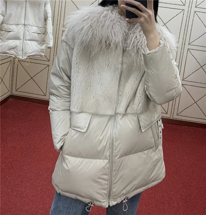 

Fashion big mongolia sheep fur collar women thicken duck down coat patchwork real mink fur glossy down hooded jacket