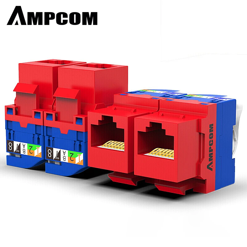 

AMPCOM 5-Pack CAT6 RJ45 Tool-Less Keystone Jack, No Punch Down Tool Required UTP Module Connector Red