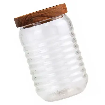

Wooden Cover Glass Jar Thicken Grain Container Food Sealed Storage Container Tea Glass Jar Empty Storage Bottle for Home Kitchen