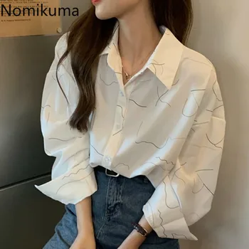 

Nomikuma 2020 New Blouse Turn Down Collar Long Sleeve Shirts Line Print Loose Korean Fashion Tops Office Ladies Blusas 3a015