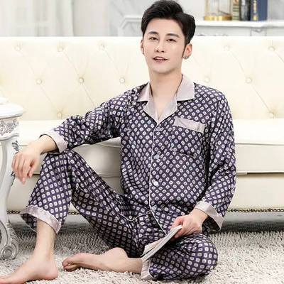 Pajamas men's spring and autumn thin ice silk pajamas men's long-sleeved summer men's pajamas short-sleeved home service suits red plaid pajama pants