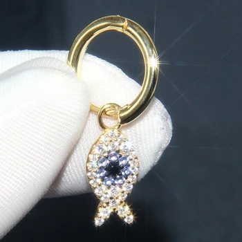 

One Piece Solid 925 Sterling Silver AAA Zircon Blue Eyes Fish Drop Earring Yellow Gold ETE Style Women Wedding Jewelry