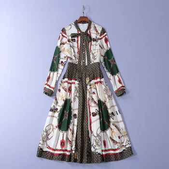 

New European and American women's dresses for spring 2020 Long sleeve bow neck Contrast color Fashionable dress chain print